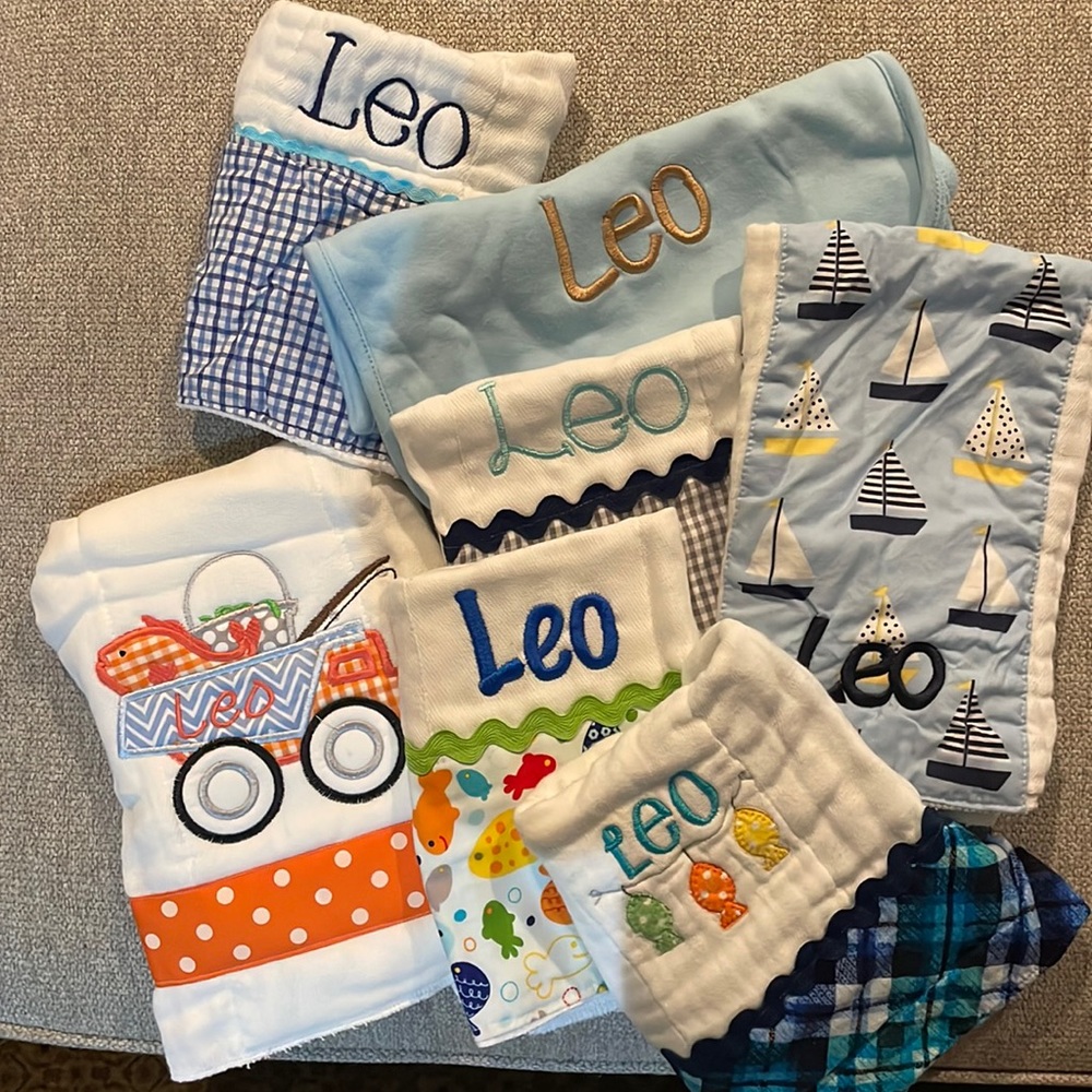 Monogrammed LEO burp clothes